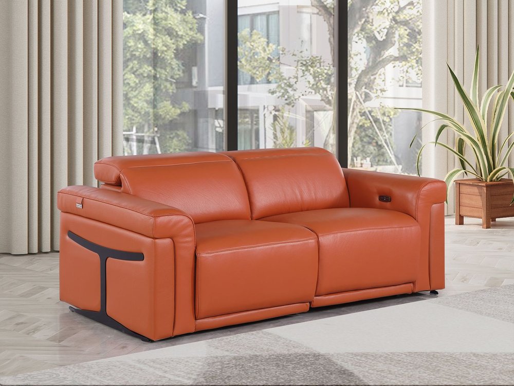 73" Orange and Black Italian Leather Power Reclining Loveseat
