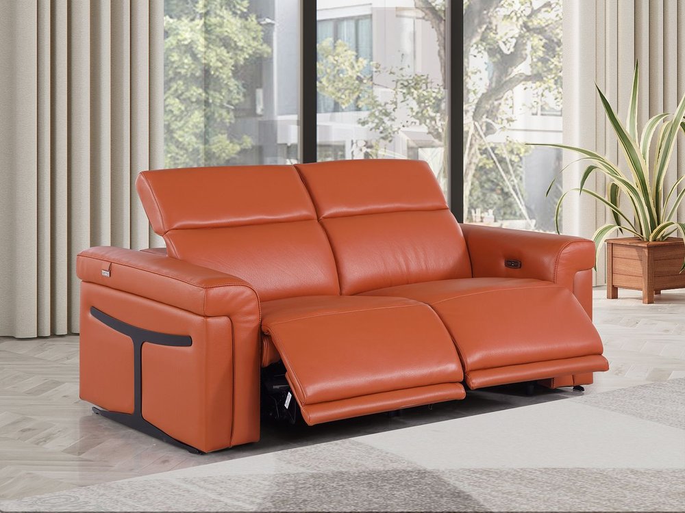 73" Orange and Black Italian Leather Power Reclining Loveseat