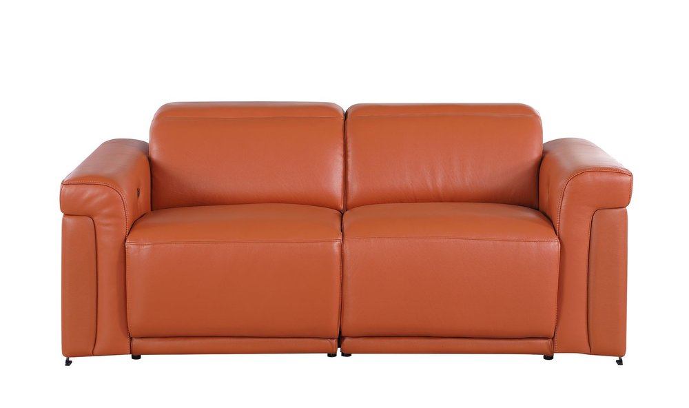 73" Orange and Black Italian Leather Power Reclining Loveseat