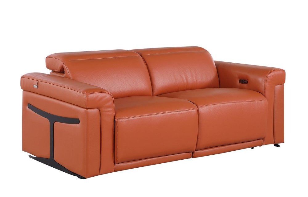 73" Orange and Black Italian Leather Power Reclining Loveseat
