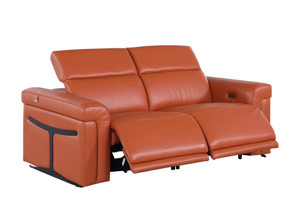 73" Orange and Black Italian Leather Power Reclining Loveseat