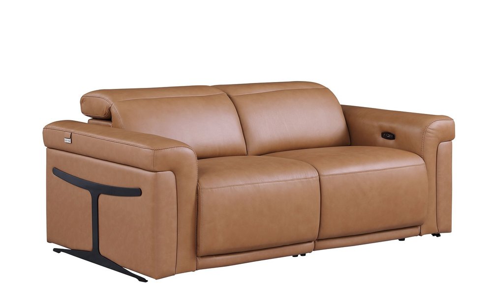 73" Chestnut and Black Italian Leather Power Reclining Loveseat