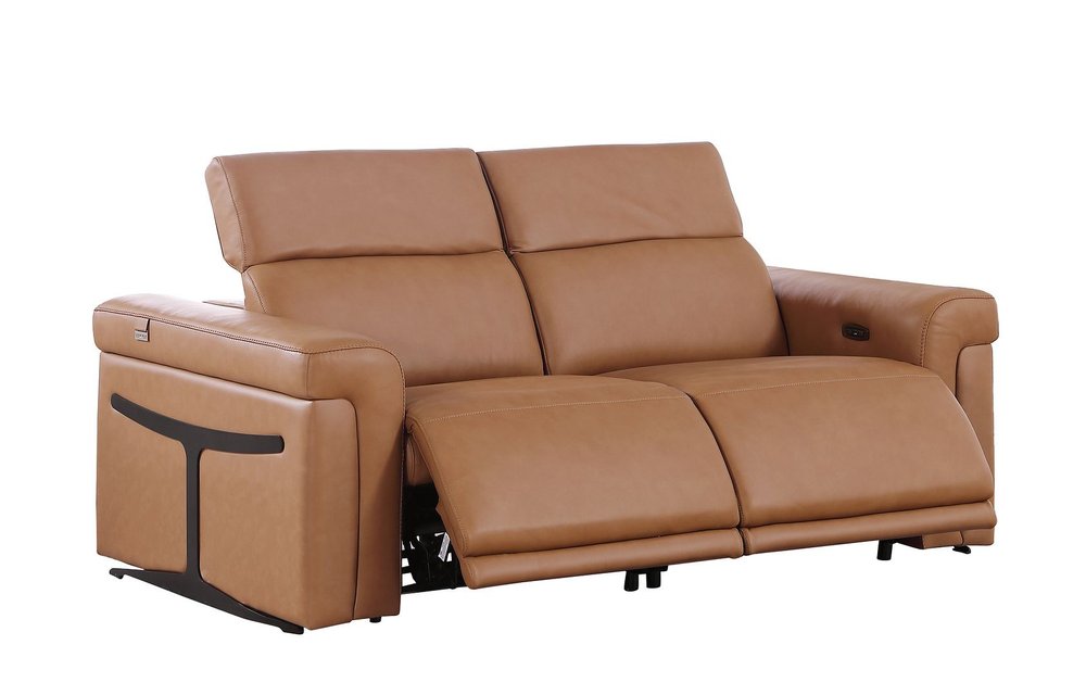73" Chestnut and Black Italian Leather Power Reclining Loveseat
