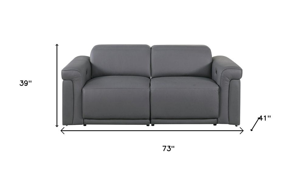 73" Dark Gray and Black Italian Leather Power Reclining Loveseat