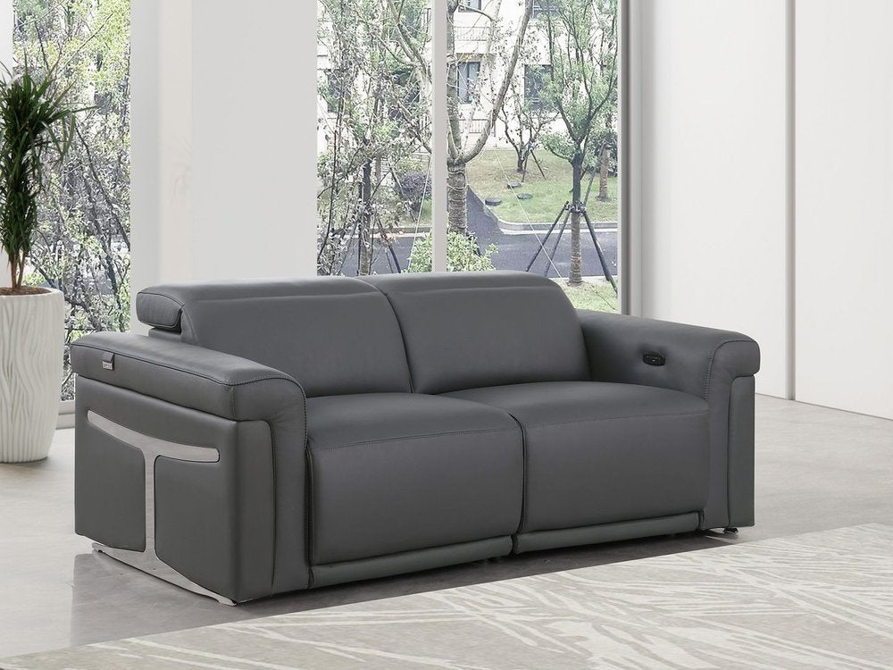 73" Dark Gray and Black Italian Leather Power Reclining Loveseat