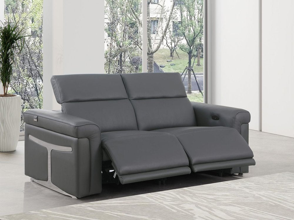 73" Dark Gray and Black Italian Leather Power Reclining Loveseat