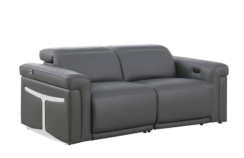 73" Dark Gray and Black Italian Leather Power Reclining Loveseat