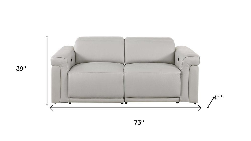 73" Light Gray and Black Italian Leather Power Reclining Loveseat