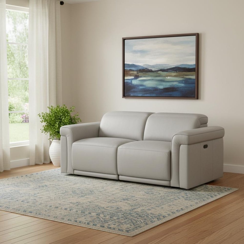 73" Light Gray and Black Italian Leather Power Reclining Loveseat