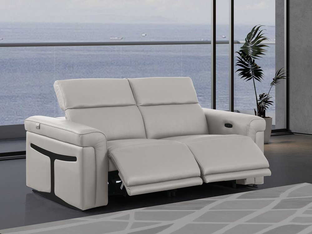 73" Light Gray and Black Italian Leather Power Reclining Loveseat