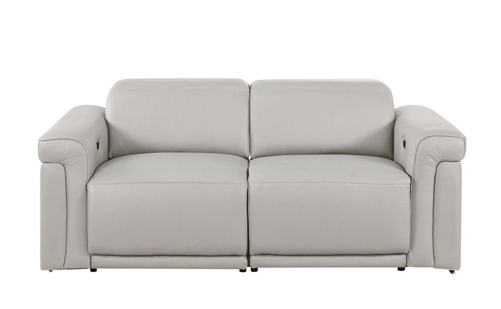 73" Light Gray and Black Italian Leather Power Reclining Loveseat