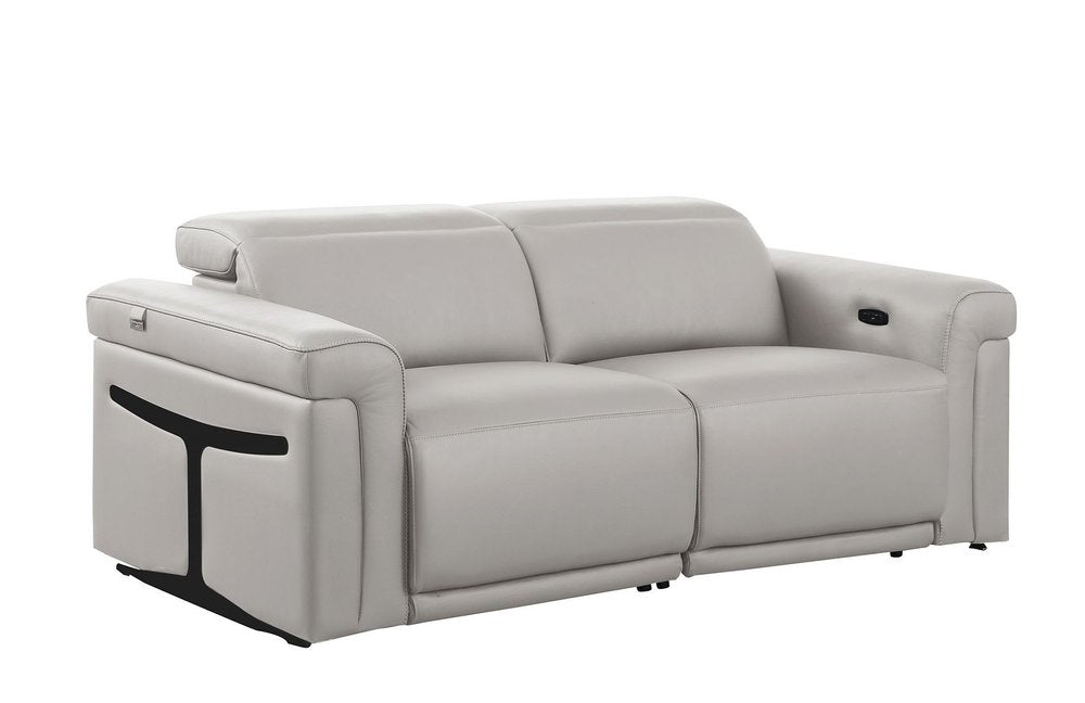73" Light Gray and Black Italian Leather Power Reclining Loveseat