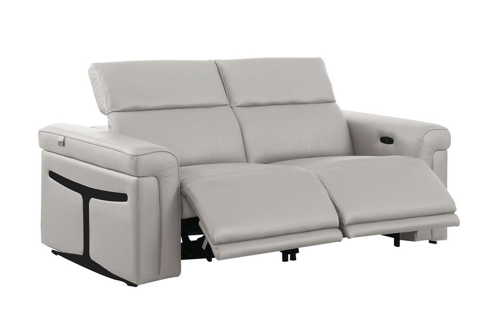 73" Light Gray and Black Italian Leather Power Reclining Loveseat
