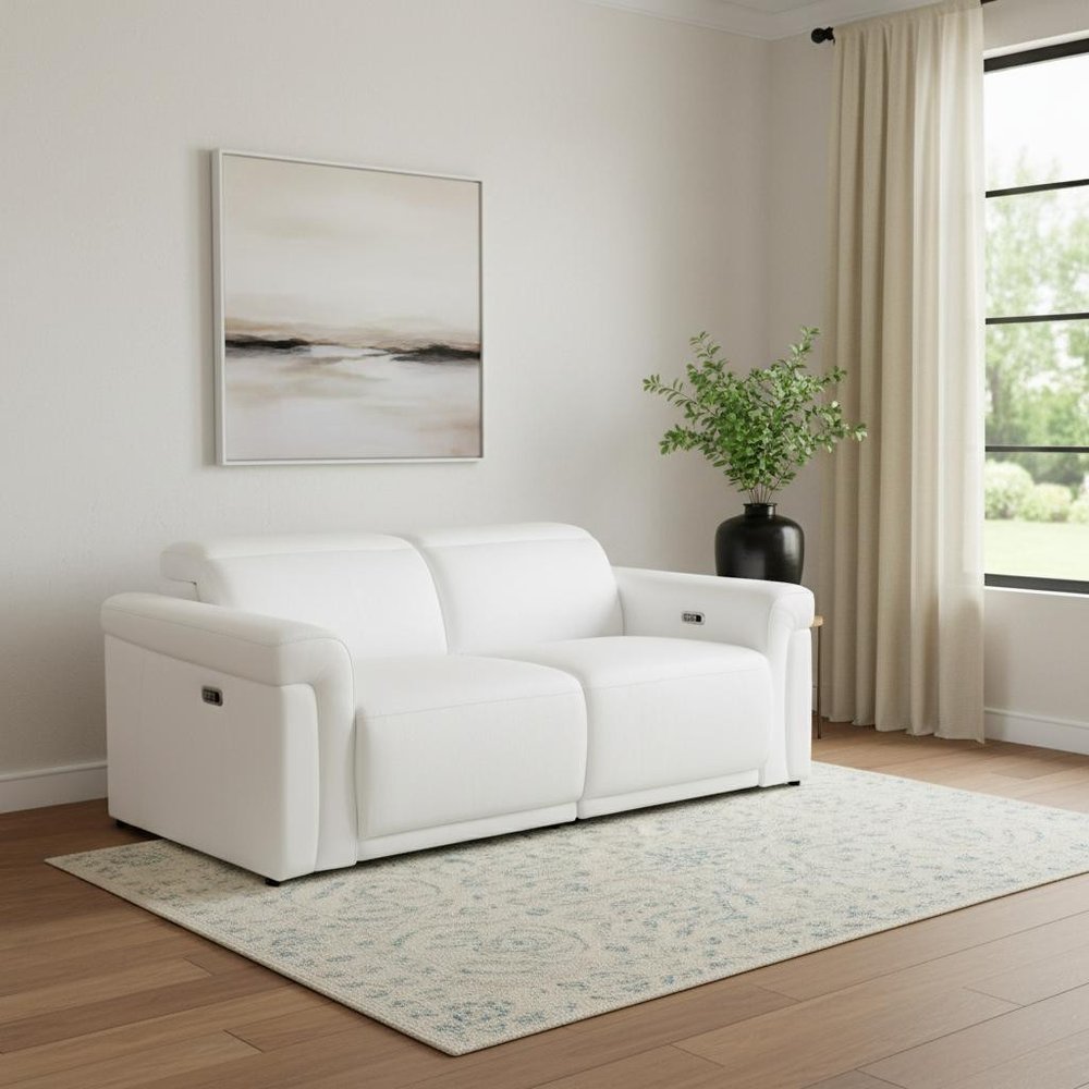 73" White and Black Italian Leather Power Reclining Loveseat