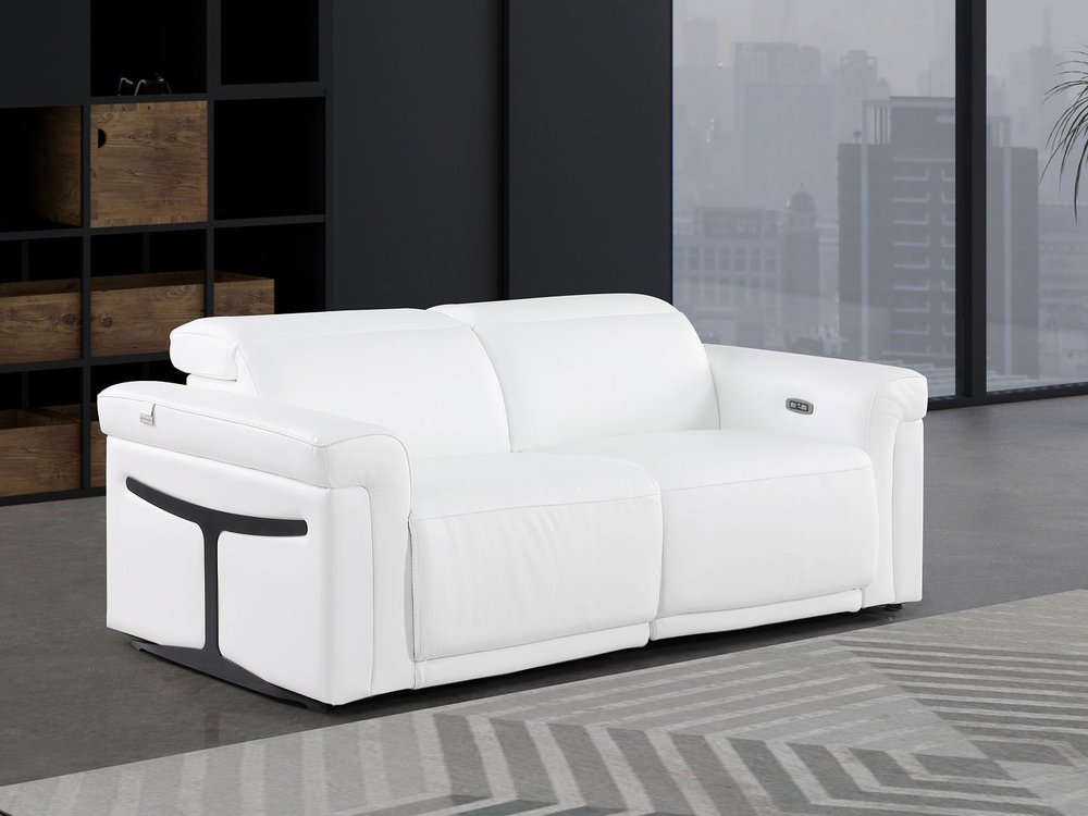 73" White and Black Italian Leather Power Reclining Loveseat