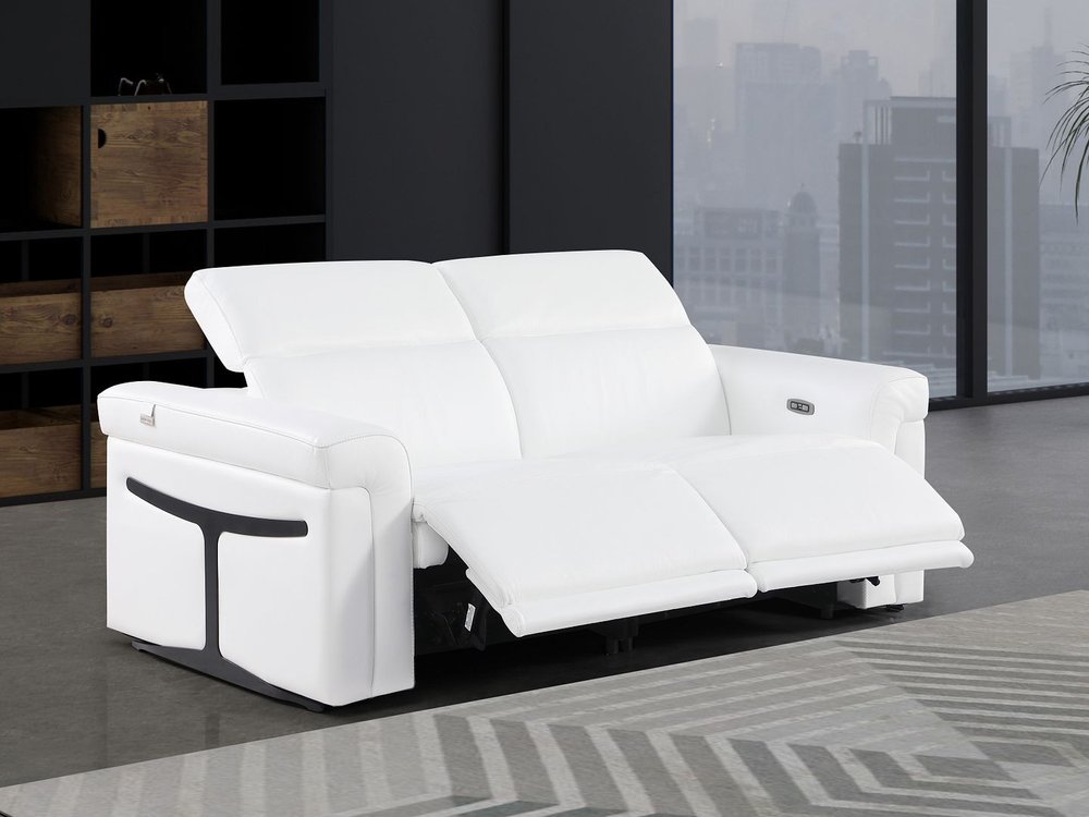 73" White and Black Italian Leather Power Reclining Loveseat