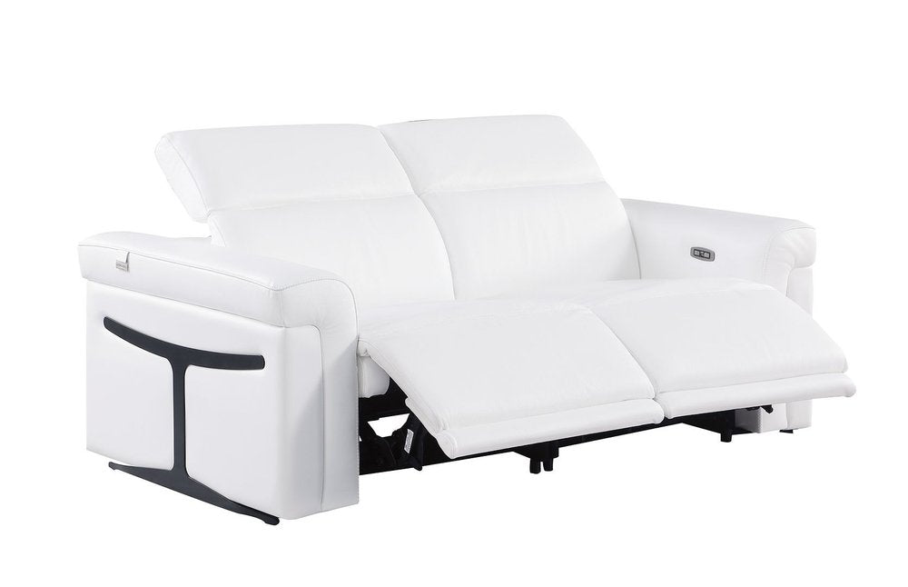 73" White and Black Italian Leather Power Reclining Loveseat