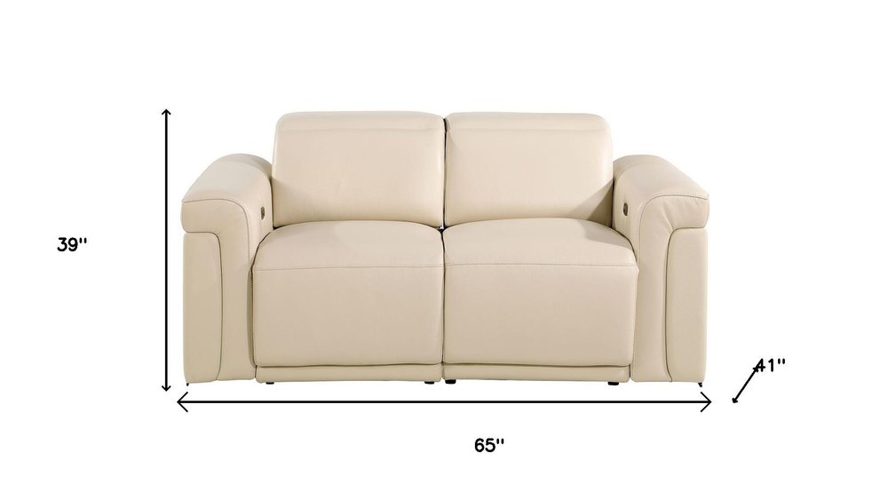 65" Cream and Black Italian Leather Power Reclining Loveseat