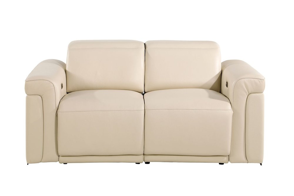 65" Cream and Black Italian Leather Power Reclining Loveseat