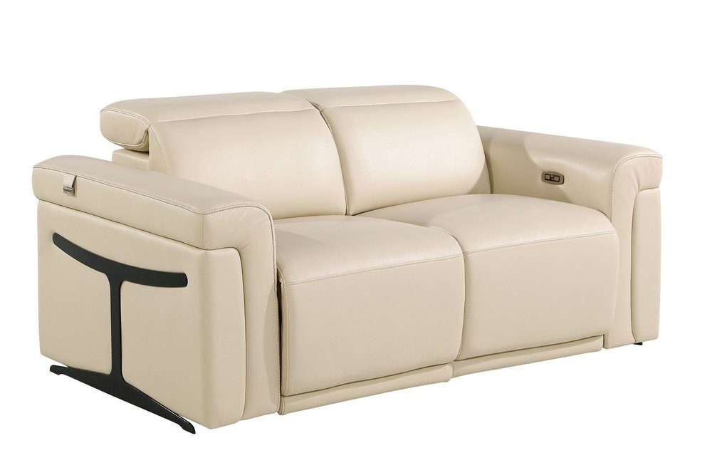 65" Cream and Black Italian Leather Power Reclining Loveseat