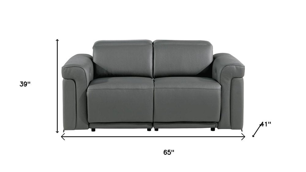 65" Dark Gray and Black Italian Leather Power Reclining Loveseat
