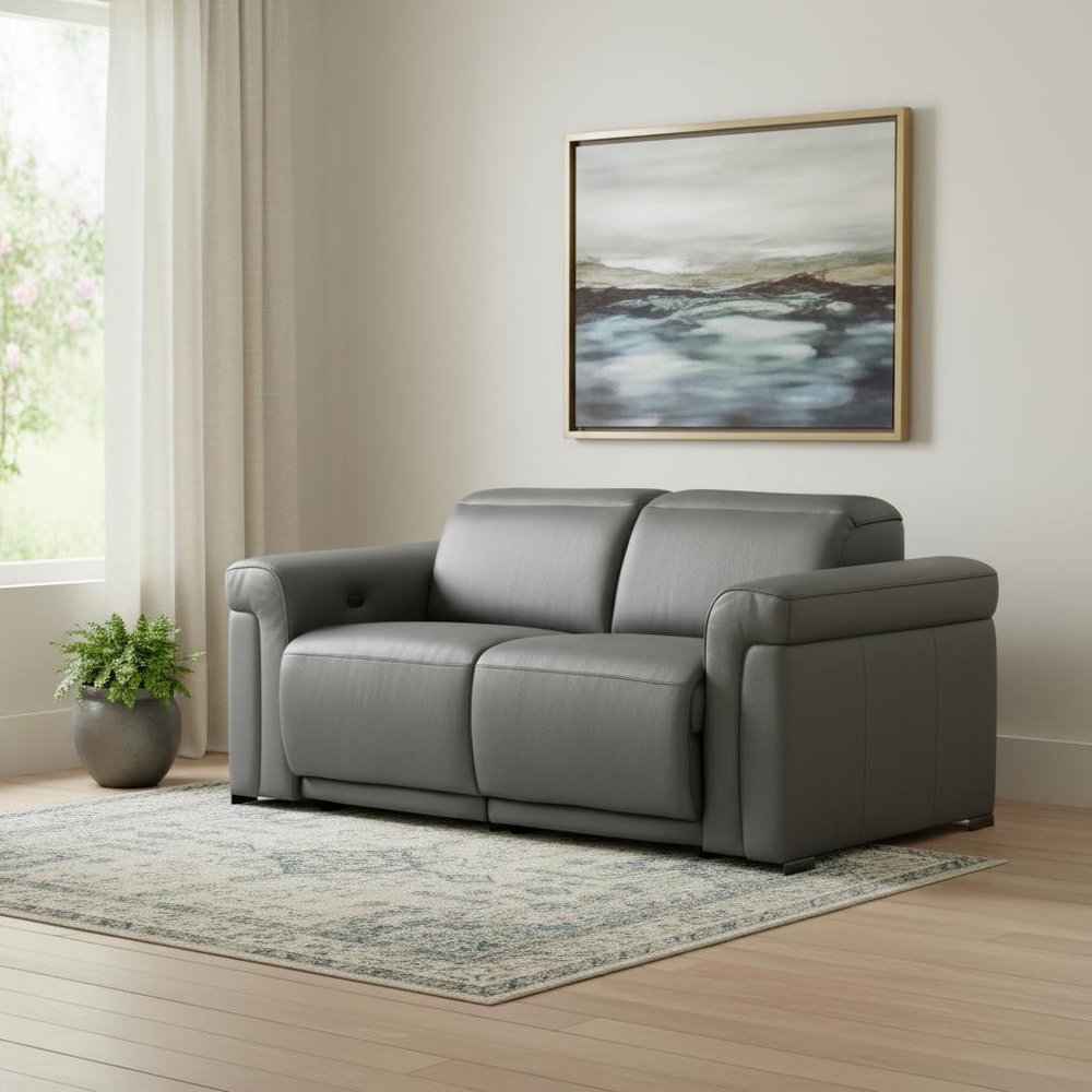65" Dark Gray and Black Italian Leather Power Reclining Loveseat
