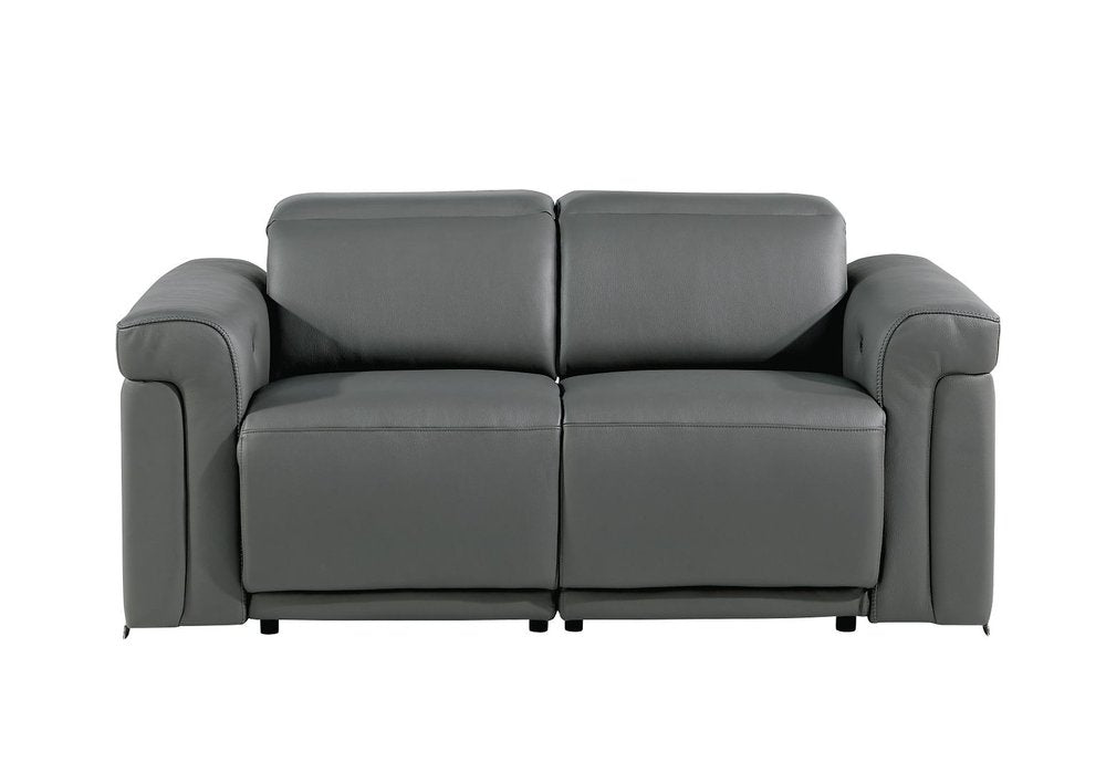 65" Dark Gray and Black Italian Leather Power Reclining Loveseat