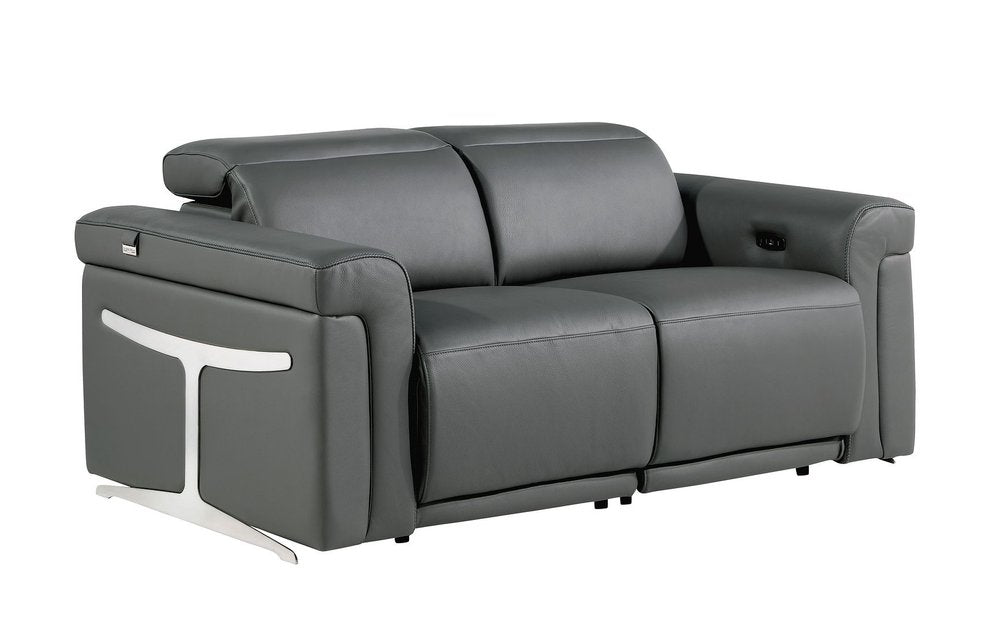 65" Dark Gray and Black Italian Leather Power Reclining Loveseat