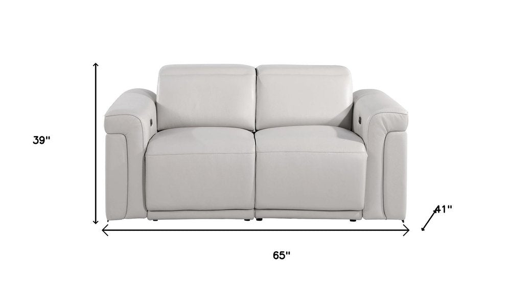 65" Light Gray and Black Italian Leather Power Reclining Loveseat