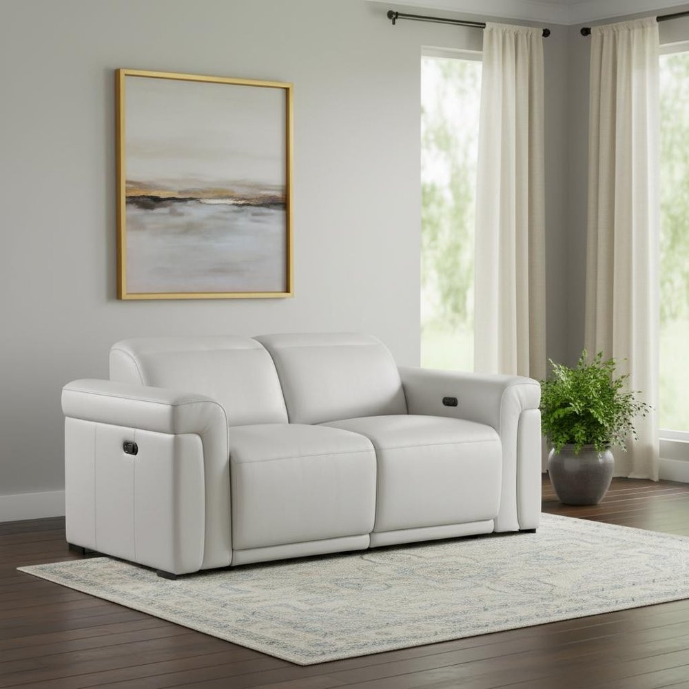 65" Light Gray and Black Italian Leather Power Reclining Loveseat