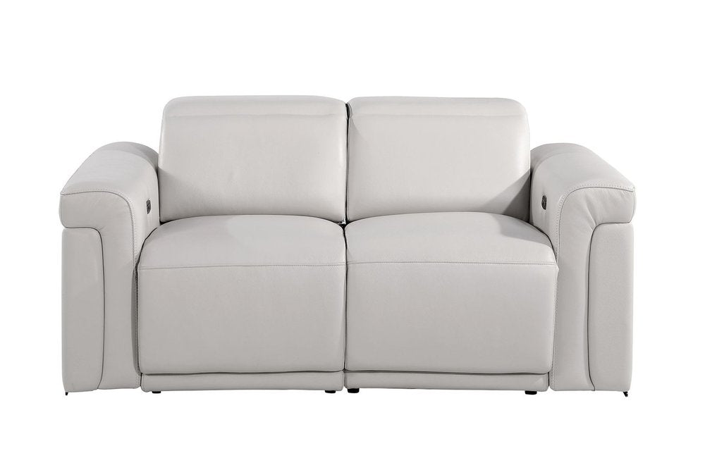 65" Light Gray and Black Italian Leather Power Reclining Loveseat