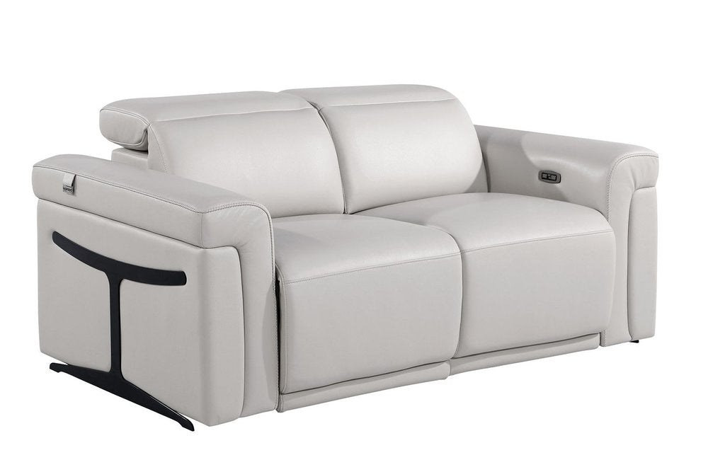 65" Light Gray and Black Italian Leather Power Reclining Loveseat