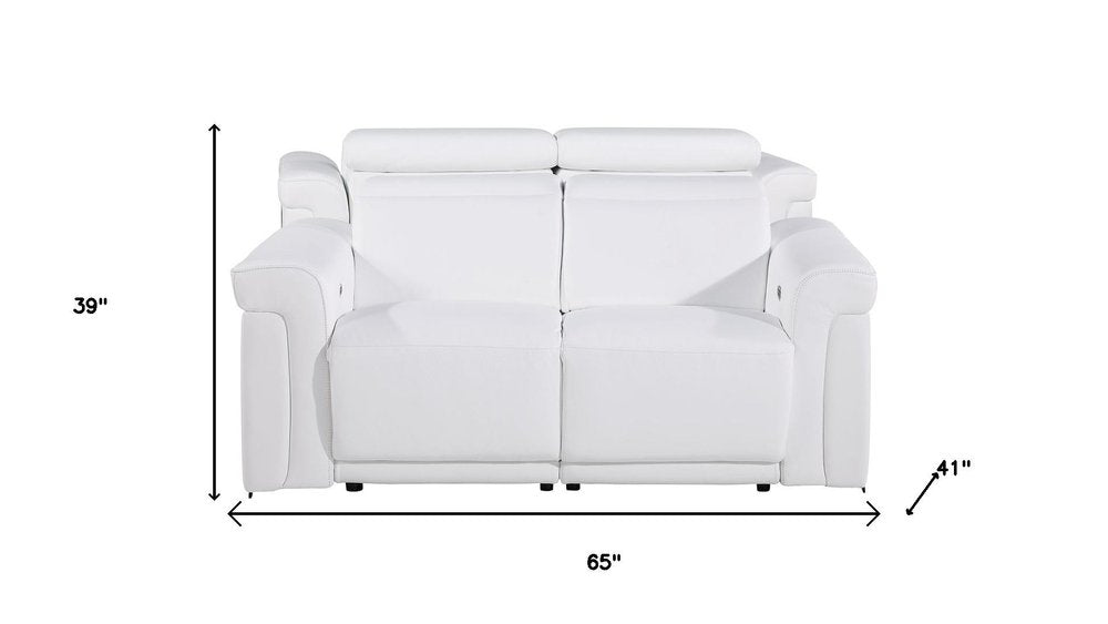 65" White and Black Italian Leather Power Reclining Loveseat