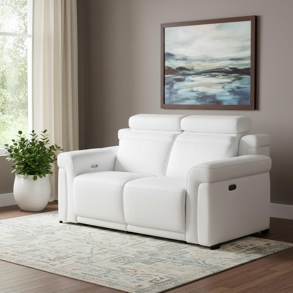 65" White and Black Italian Leather Power Reclining Loveseat
