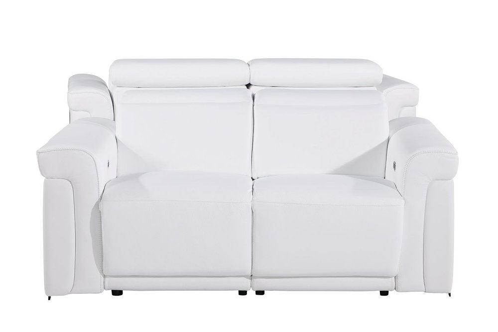65" White and Black Italian Leather Power Reclining Loveseat