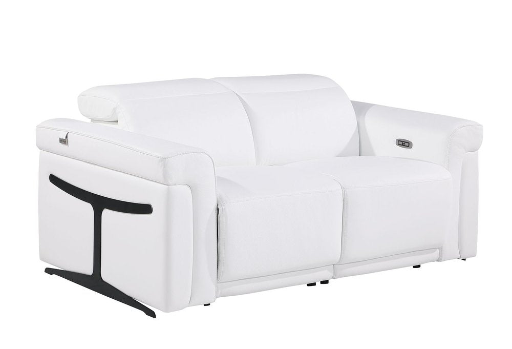 65" White and Black Italian Leather Power Reclining Loveseat