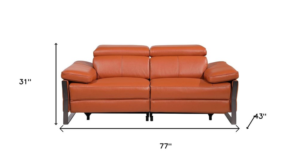 77" Orange and Black Italian Leather Power Reclining Loveseat