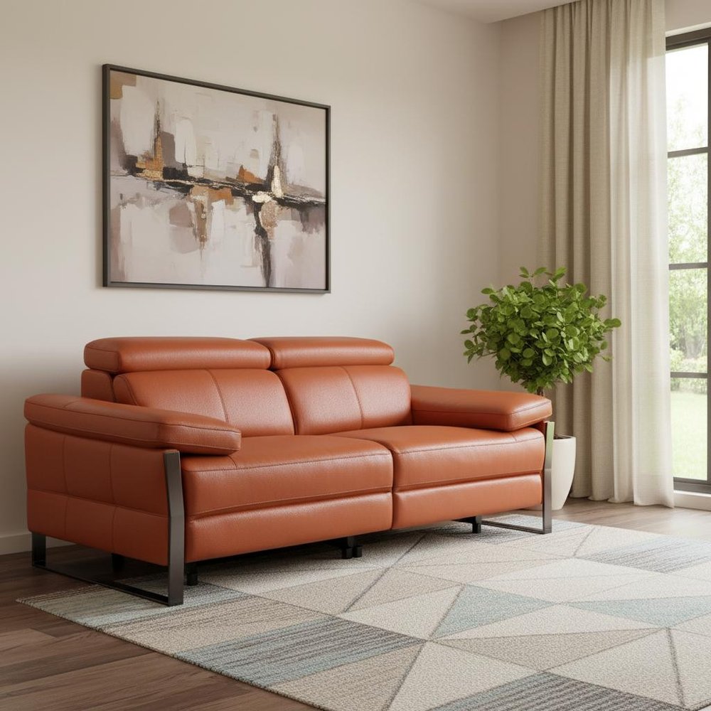 77" Orange and Black Italian Leather Power Reclining Loveseat
