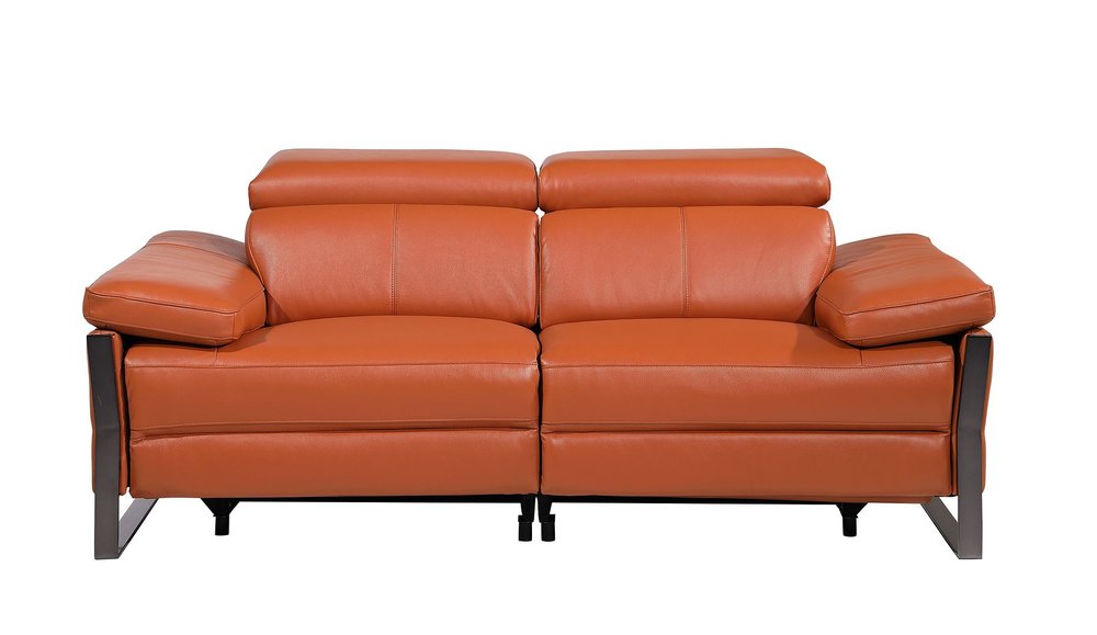 77" Orange and Black Italian Leather Power Reclining Loveseat