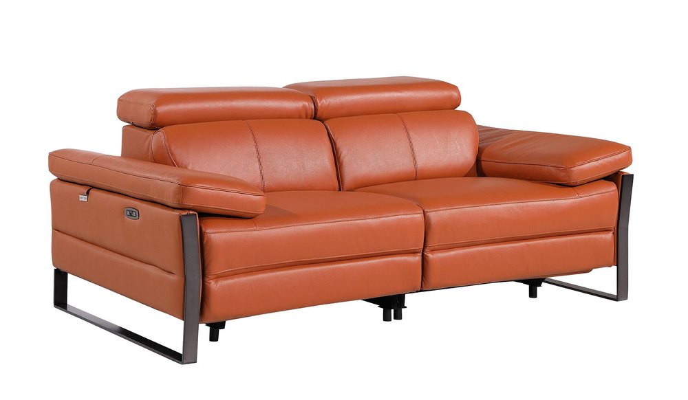 77" Orange and Black Italian Leather Power Reclining Loveseat