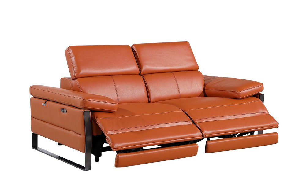 77" Orange and Black Italian Leather Power Reclining Loveseat