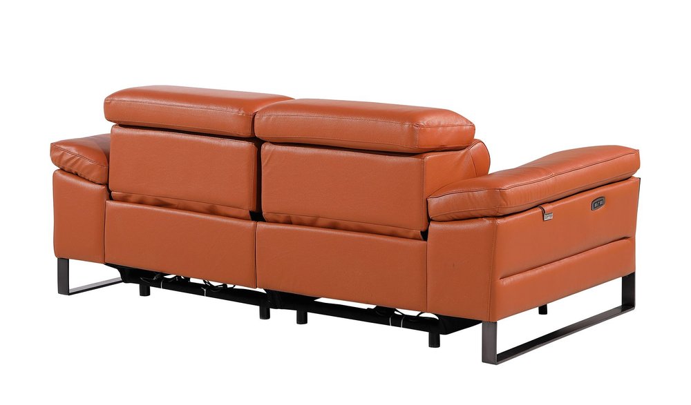 77" Orange and Black Italian Leather Power Reclining Loveseat