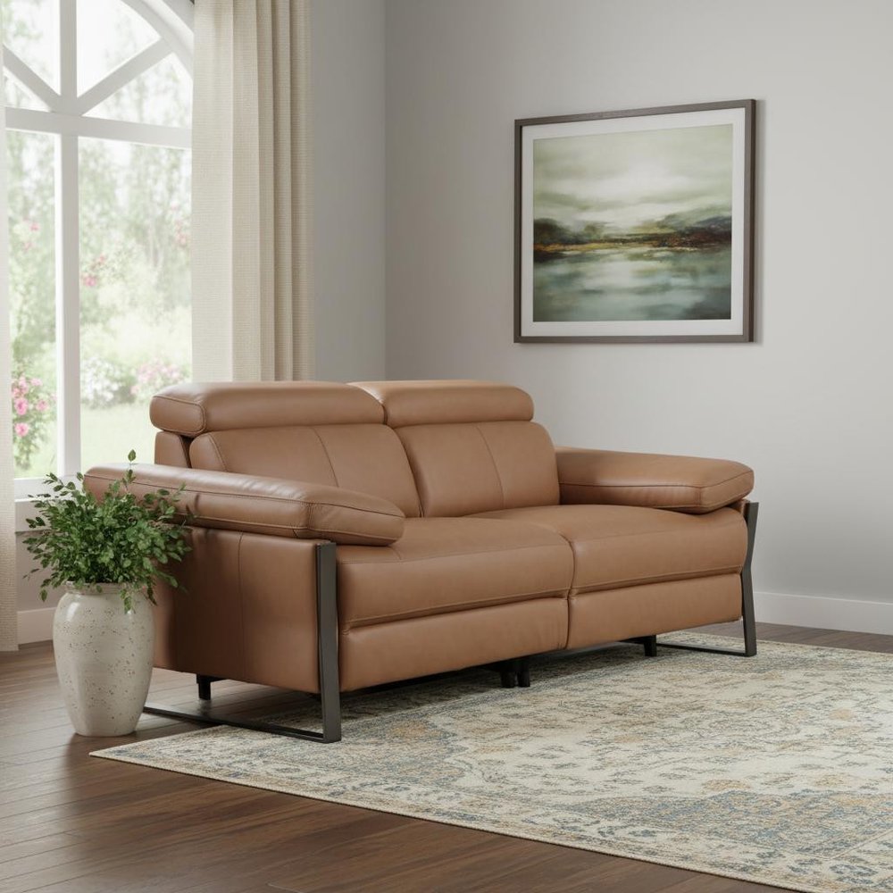 77" Chestnut and Black Italian Leather Power Reclining Loveseat
