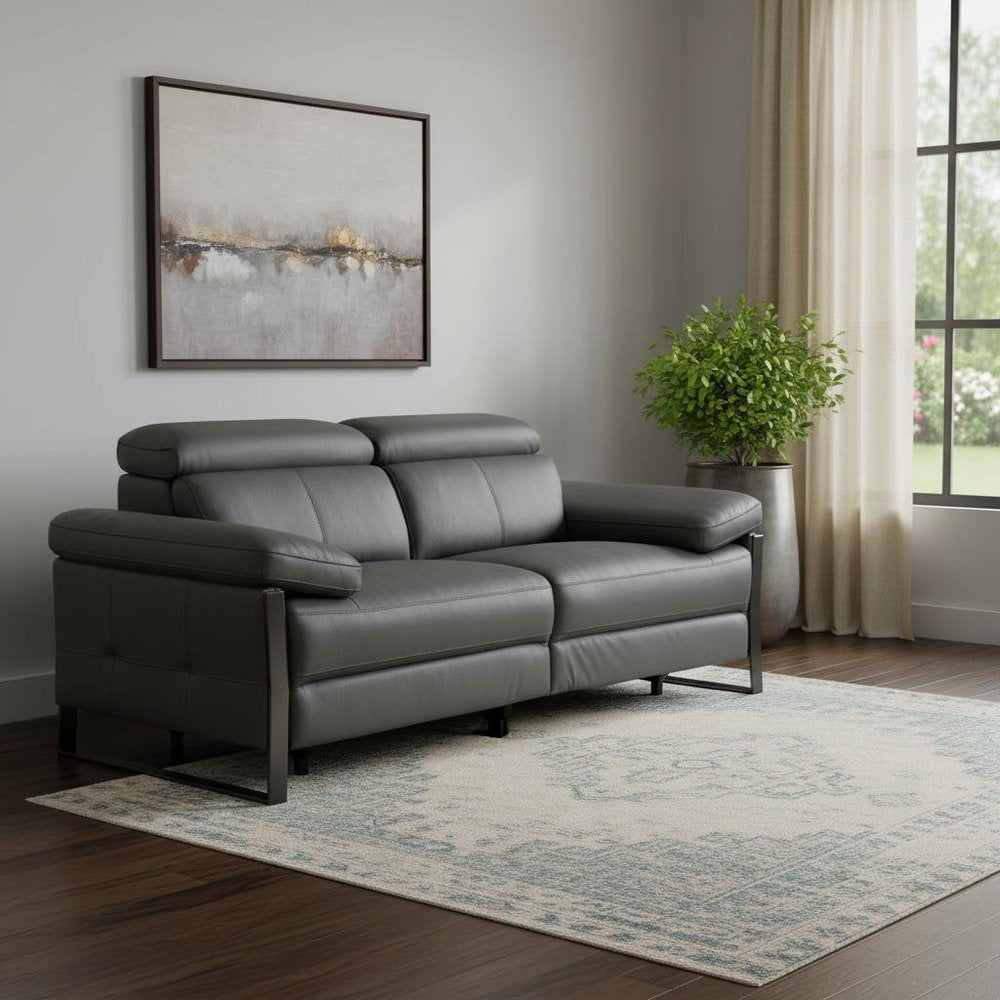 77" Dark Gray and Black Italian Leather Power Reclining Loveseat