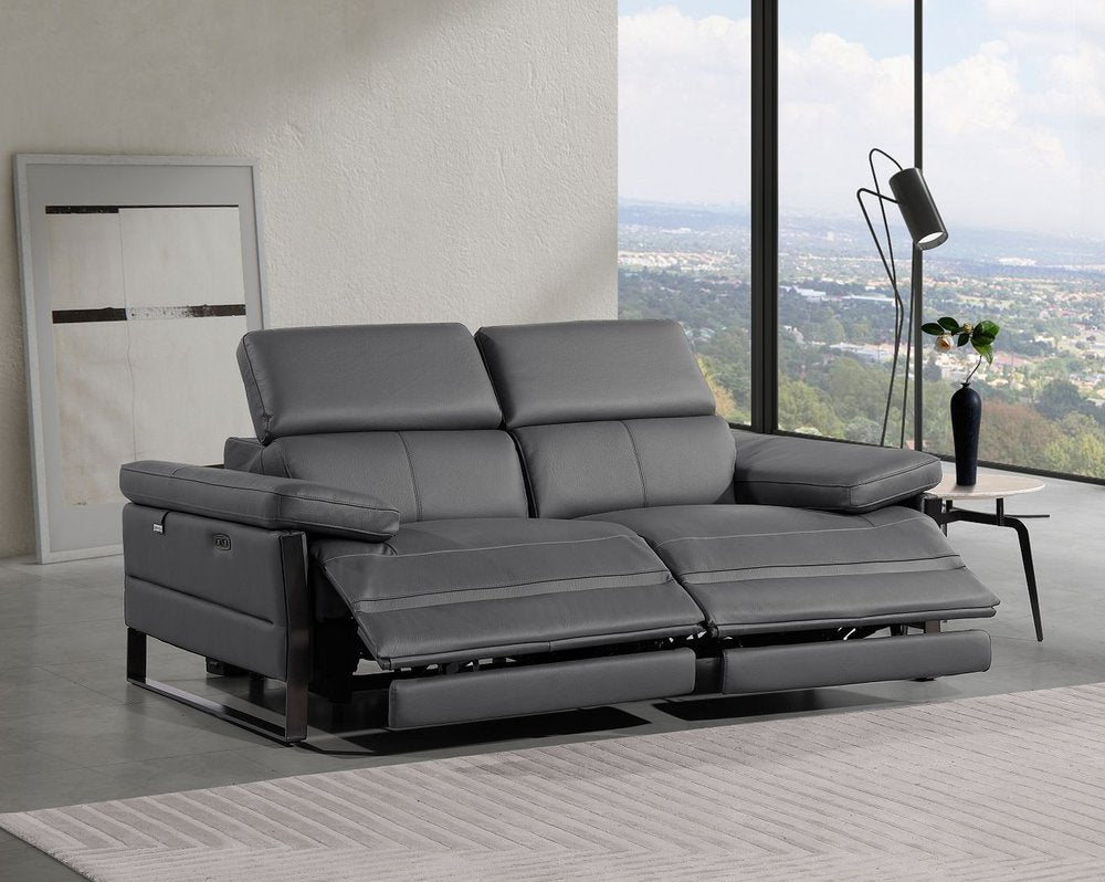 77" Dark Gray and Black Italian Leather Power Reclining Loveseat