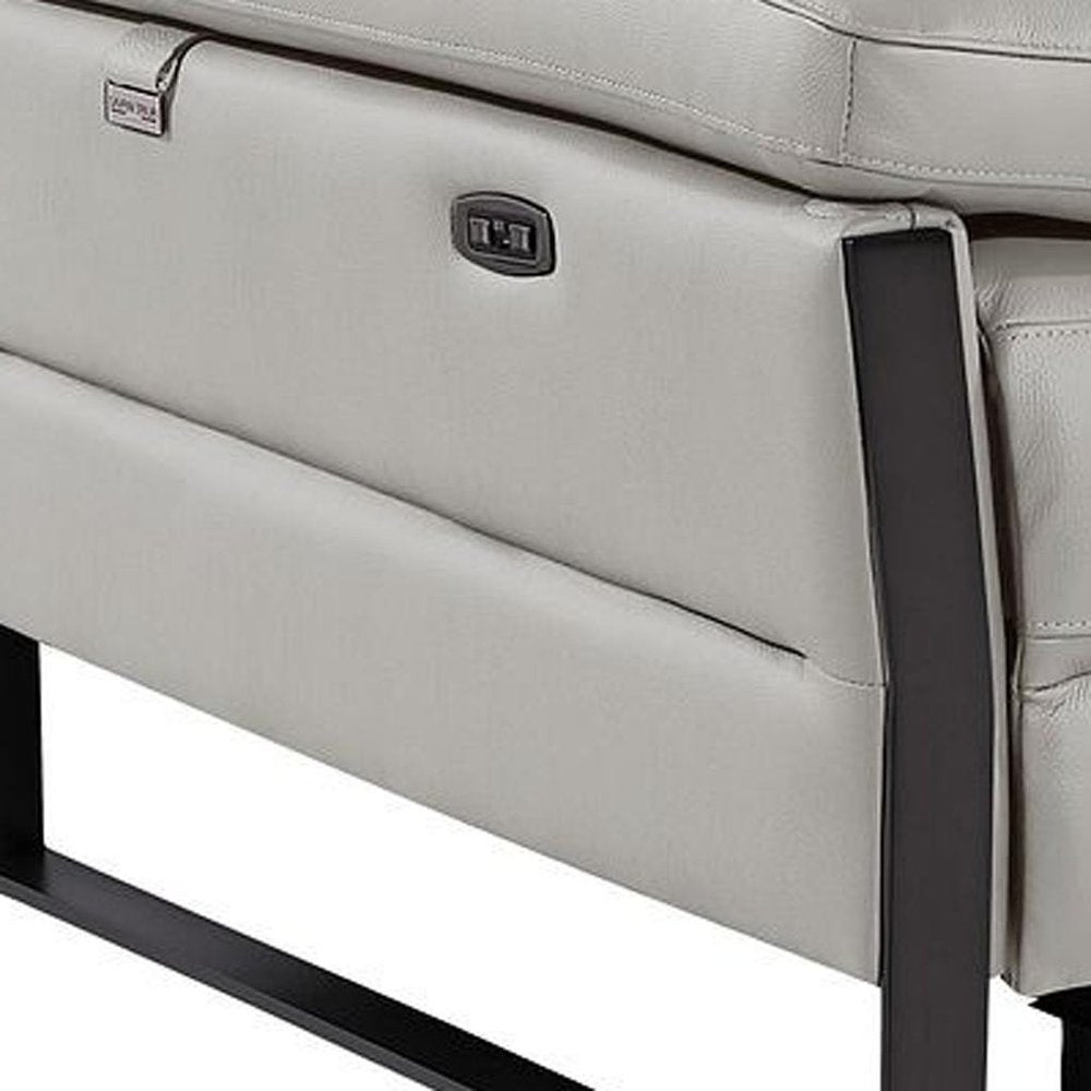 77" Light Gray and Black Italian Leather Power Reclining Loveseat