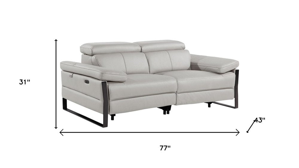 77" Light Gray and Black Italian Leather Power Reclining Loveseat