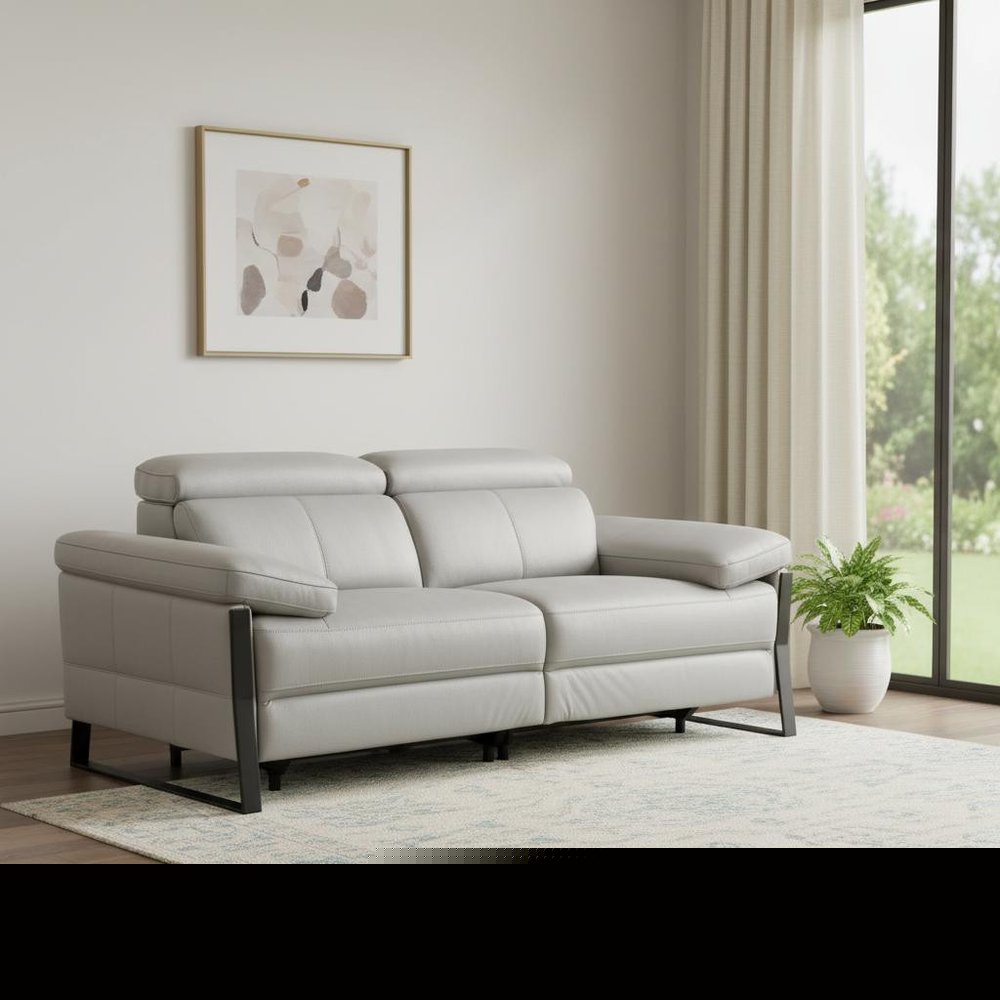 77" Light Gray and Black Italian Leather Power Reclining Loveseat