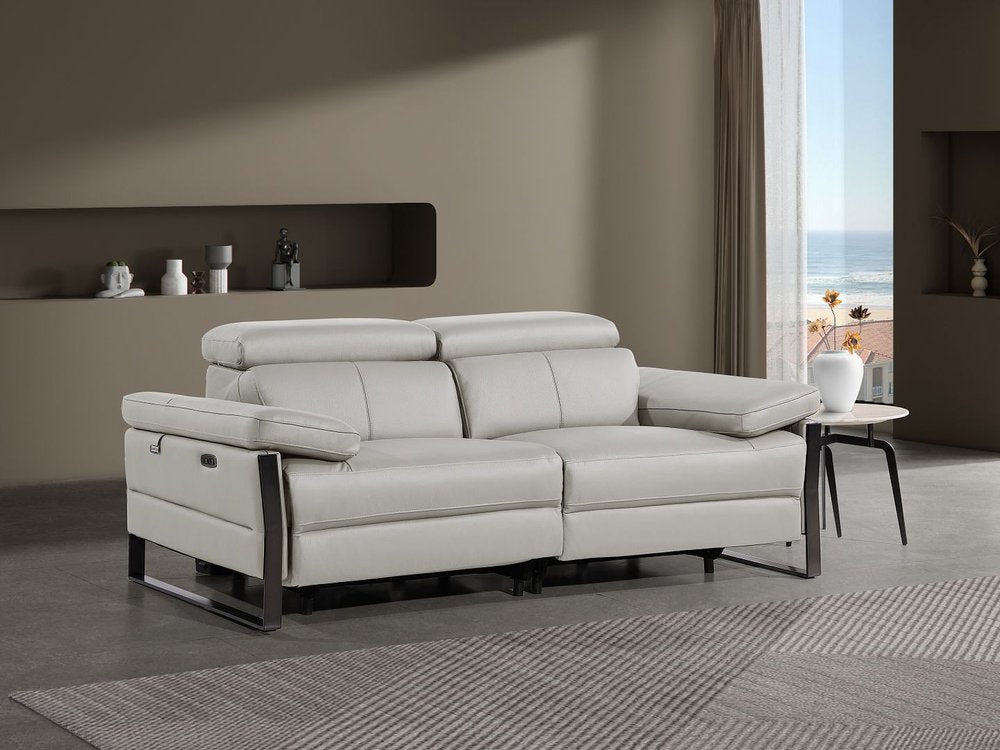 77" Light Gray and Black Italian Leather Power Reclining Loveseat