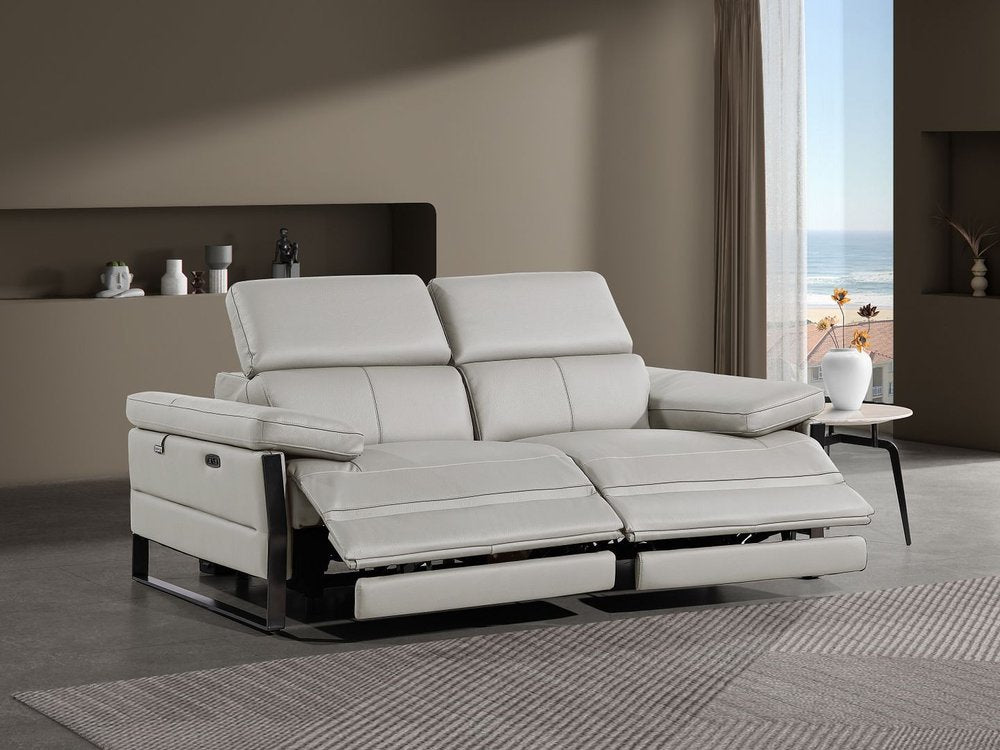 77" Light Gray and Black Italian Leather Power Reclining Loveseat